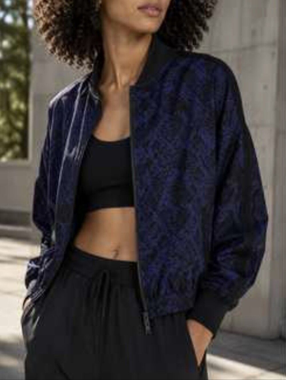 Athleta Jacket Womens XS Blue Brooklyn Track Bomber Snake Print Full Zip